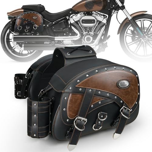 NICECNC Motorcycle Saddlebags Leather, 35L Large Capacity Throw Over Saddle Bags Motorcycle Side Luggage Bags with Cup Holders, Compatible with Sportster Softail Dyna Shadow Road King, 2PCS - size: 35L-Brown