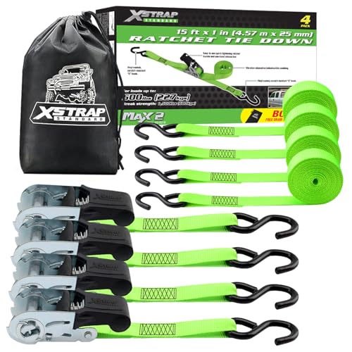 XSTRAP STANDARD 4 Pack 1" x 15Ft Ratchet Tie Down Straps - 500Lbs Load Cap, 1500Lb Break Strength, Heavy Duty Cargo Straps for Moving Appliances, Lawn Equipment & Motorcycle, Green - style: 4pk 1inchx15ft 1500lbs green