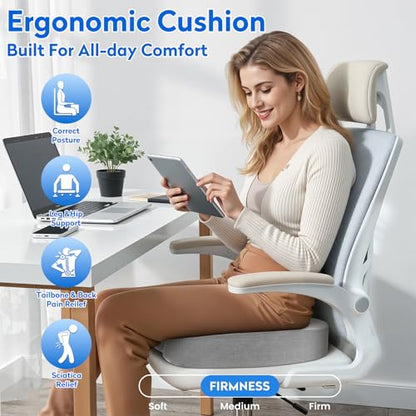 CushZone Seat Cushion, Office Chair Cushions, Car Seat Cushion, Non-Slip Sciatica & Back Coccyx Tailbone Pain Relief Chair Pad, Memory Foam(Light Grey) - color: Light Grey, size: Large