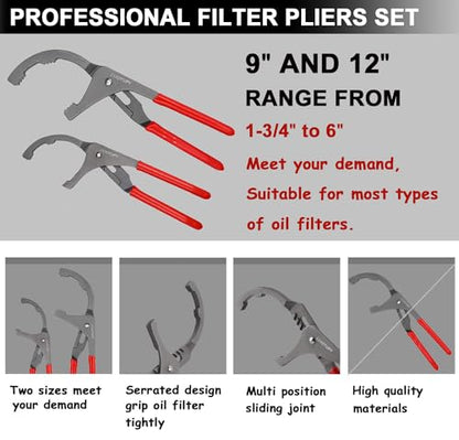 10PCS Oil Filter Wrench Set, 9" & 12" Oil Filter Pliers, 3 Jaw Oil Filter Wrench Tool with Oil Funnel for Oil Change Adjustable From 1-3/4" to 6"