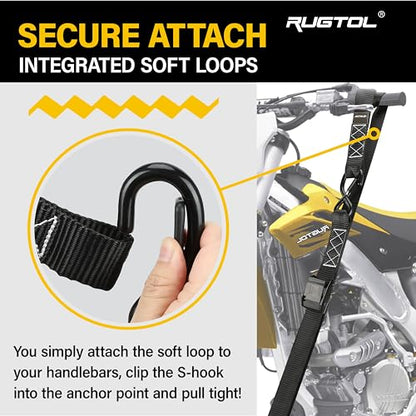 Rugtol Motorcycle Tie Down Straps, 1.5in x 10FT Cam Buckle Straps with S Hooks Integrated Soft Loops, 1560lb Break Strength Heavy Duty Dirt Bike Straps for Securing Motorbikes, Kayak, Cargo 2 Pack