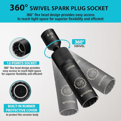 DURATECH 5/8" Swivel Magnetic Spark Plug Socket, 1MM Thin Wall Spark Plugs Socket with 12-Point, Enhanced Magnetic Head & Manganese Phosphate Coating, 3/8" Drive x 4" Total Length, Cr-V Steel Made - size: 5/8" x 3/8" x 4"
