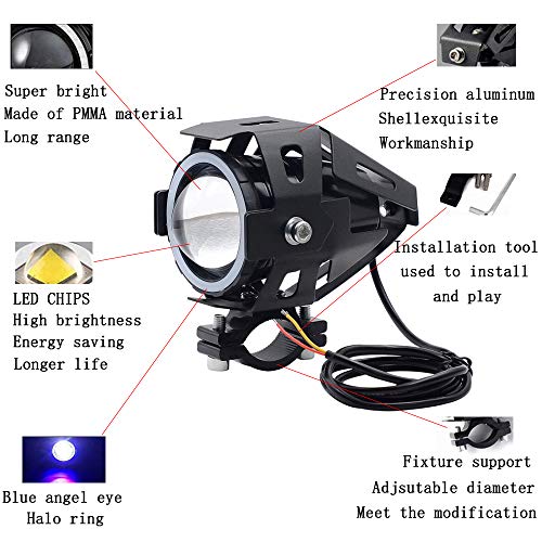 2pcs Bright 3000LM 125W LED Motorcycle Headlight With Demon Angel Blue Eyes auxiliary Work Light Spotlight Driving Fog Spot Lamp Universal for Car Offroad ATV Truck + 2pcs Switch