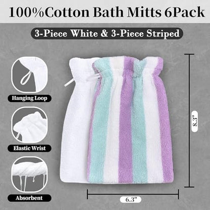 VOOVA & MOVAS Kids Bath Mitts 6-Pack, 100% Cotton Soft Absorbent Wash Cloths with Hanging Loop, 8.3x6.3 Inch European Style Bath Mitt for Toddler Shower, Purple Aqua Stripe & White - color: Purple Aqua Stripe&white
