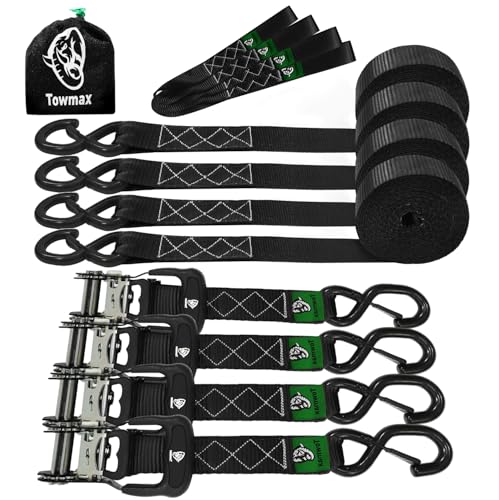 Ratchet Straps Heavy Duty 4 Pack -1.5 Inch x 8 Feet (5,208LB Break Strength)- Motorcycle Tie Down Straps -1.5xThickened Wear-Resistant Ratchet Tie Down Set for Powersports, Motorcycle or Moving Cargo - color: Black, size: 5208ft - 8ft
