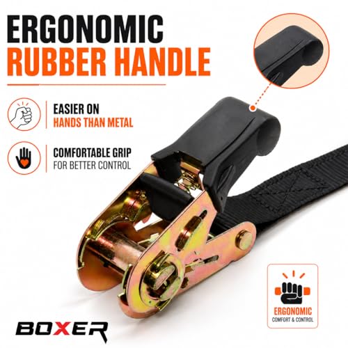 BoxerTool BXR Black Strap Down Ratcheting Securing Straps 1" x20' Track Spring Fittings, Tie-Down Motorcycles, Trailer Loads, Kayak, Rubber Handle Ratcheting Strap - size: 1"x20' - 2pcs
