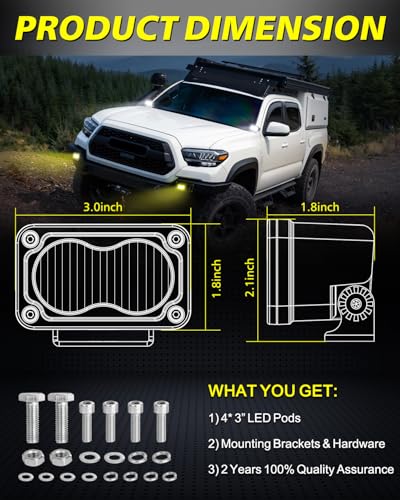 LED Pods, AKD Part 4Pcs 3" 80W Flood CREE LED Pod Lights Small Off Road Driving Lights Backup Reverse Scene Lights for Trucks Motorcycle UTV ATV SUV Dirt Bike - White & Yellow - color: White+Yellow