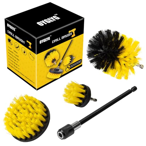 Drill Brush Attachment Set - 4 Piece Cleaning Kit for Bathroom Surfaces, Grout, Floor, Tub, Shower, Tile, Kitchen and Car - Electric Multi-Purpose Scrubber - color: Yellow and Black
