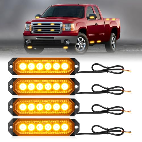 HLauto 406T Emergency Strobe Grille Lights: 4Pcs 6 LED Sync Feature Safety Warning Flashing Light, 12V-24V Ultra Slim Surface Mount Hazard Caution Light for Truck, Vehicle, Car, ATV, UTV (Amber) - color: Amber
