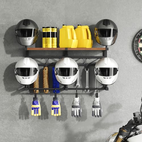 HOOBRO Motorcycle Helmet Rack Wall Mount, Helmet Holder with Hanging Rod, Storage Display Rack with 4 Glove Clamps and 6 Hooks, for Motorcycle Gear and Accessories, Rustic Brown and Black BF01TK01