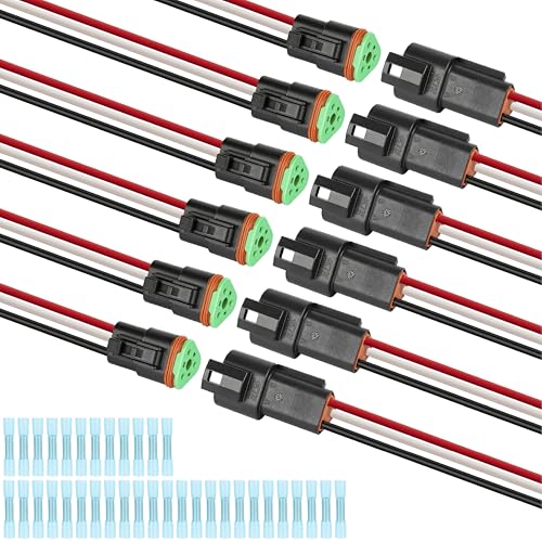 Deutsch DT 3 Pin Wiring Harness Connector 6 Kits, Deutsch Male Female 2 Wire Way Waterproof Automotive Electrical Connector 16 AWG with Heat Shrink Tubing for Car Truck Boat, black - color: 6 Sets-Black, size: 3Pin