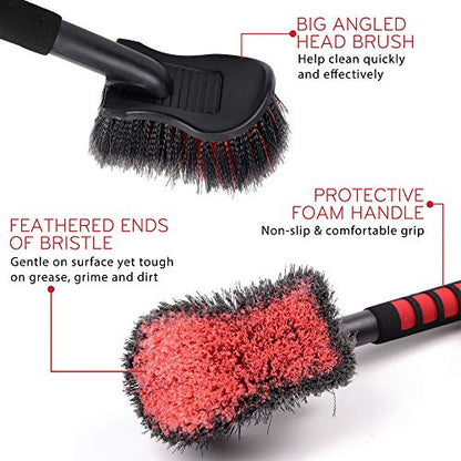 TAKAVU 17.5" Long Handle Tire Brush - Soft Bristle Wheel & Tire Cleaning Brush for Car, Scratch-Free Gentle Brush Reaches Wheel Wells, Safe for Chrome Rims & Alloy Wheels (Red) - color: Red