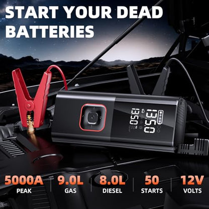 Jump Starter with Air Compressor, 5000A Battery Jumper Starter Portable (9L Gas/8L Diesel) with 160PSI Auto-Shutoff Tire Inflator, 12V Jump Box Car Battery Jump Starter with Jumper Cables, LED Light