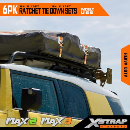 XSTRAP STANDARD 6-PK Ratchet Tie Down Straps, Heavy Duty Motorcycle Straps | 1 Inch 4 x 14ft & 2 x 10ft Tie-down, 3300 lbs Break Strength Cargo Straps with Coated S-Hooks for Moving, Truck, UTV, Trailer