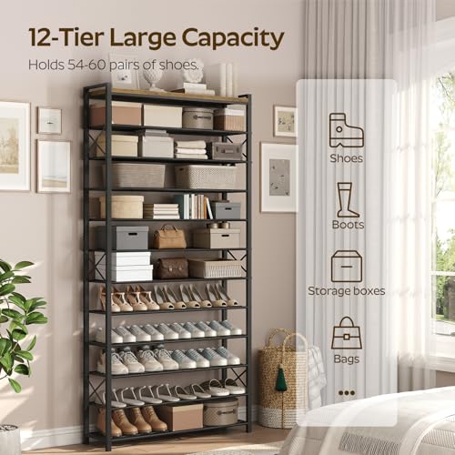 YATINEY 12-Tier Shoe Rack, 39.4" L Shoe Shelf for 54-60 Pairs of Shoes, Tall Shoe Storage Organizer with Metal Frame, Large Capacity Shoes Rack for Entryway, Closet, Rustic Brown and Black SS40BR - size: 39.4" x 11" x 83"