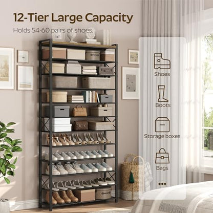 YATINEY 12-Tier Shoe Rack, 39.4" L Shoe Shelf for 54-60 Pairs of Shoes, Tall Shoe Storage Organizer with Metal Frame, Large Capacity Shoes Rack for Entryway, Closet, Rustic Brown and Black SS40BR - size: 39.4" x 11" x 83"