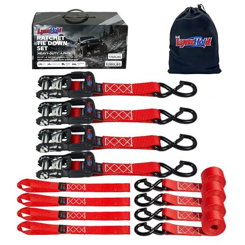 Ratchet Tie Down Straps, 5280lbs Break Strength, 1.6" x 8' Heavy Duty Ratchet Tie Down Strap Set with Padded Handles, Coated S Hook, Soft Loop for Trucks, ATV, UTV, Motorcycle, Cargo & More -Red - color: Red, size: 1.6IN x 8FT