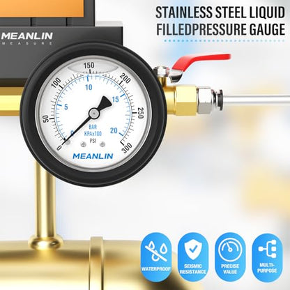 MEANLIN MEASURE 0~300Psi Stainless Steel 1/4" NPT 2.5" FACE DIAL,Liquid Filled Pressure Gauge, Center Back Mount (with Rubber Protective Sleeve), with 1/2" NPT and 3/8" NPT Hex Bushing - size: 0-300Psi