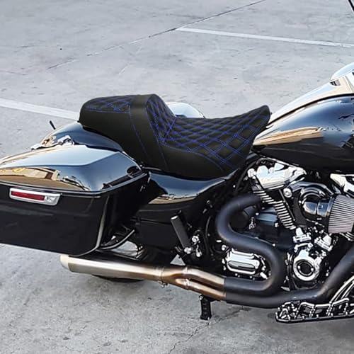One-Piece Driver Passenger Seat Motorcycle 2-up Seat Fit for Harley Touring Electra Glide Road King Road Glide Street Glide 2009-2023 (Blue Stitching) - color: Blue Stitching Without Backrest