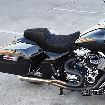 One-Piece Driver Passenger Seat Motorcycle 2-up Seat Fit for Harley Touring Electra Glide Road King Road Glide Street Glide 2009-2023 (Blue Stitching) - color: Blue Stitching Without Backrest
