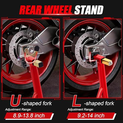 Universal Motorcycle Stand Set, 900 Lbs Capacity Front and Rear Wheel Lift Stands with U+L Adjustable Swingarm Spool Support, Heavy Duty Paddock Stands Fit for Honda, Yamaha, Kawasaki, Suzuki - color: Red