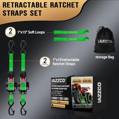 10FT Retractable Ratchet Straps(2-Pack) - 1 Inch (1800 LB Break Strength) Heavy Duty Self Retracting Ratchet Straps with Soft Loops & Storage Bag for Household, Motorcycle, Truck, ATV(Green) - style: Green-2 Pack