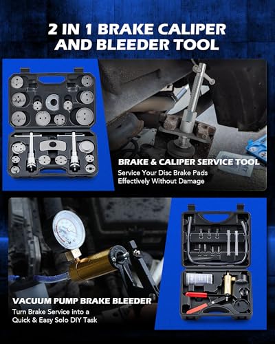 Orion Motor Tech 2 in 1 Brake Caliper Compression Tool & Brake Bleeder Kit, Handheld Vacuum Pump Brake Bleeder Tool Set, Disc Brake Pad Service Tool with Thrust Bolt Retaining Plates & 18 Adapters - color: Black