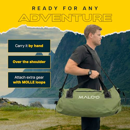 Malo’o Waterproof Dry Duffel, Heavy-Duty Roll Top Waterproof Gear Bag with Shoulder Strap & Molle Loops, Marine Duffel for Kayaking, Boating, Camping, Beach & Travel, Dark Green, 60L - color: Dark Green, size: 60L