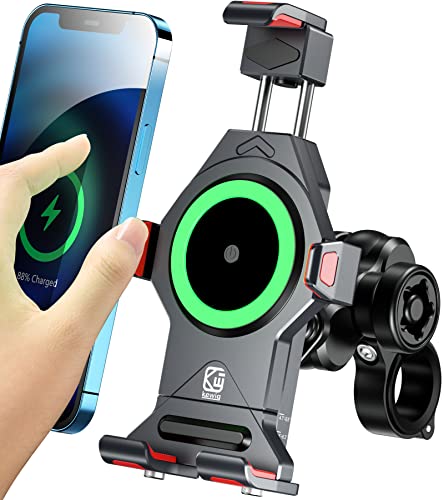 BRCOVAN Aluminum Alloy Motorcycle Phone Mount with Qi 15W Wireless Charger | with Vibration Dampener, Waterproof Anti-Theft Motorcycle Handlebar Cellphone Holder, Adjustable Fit 4.7''-7.2'' Smartphones - color: BLACK
