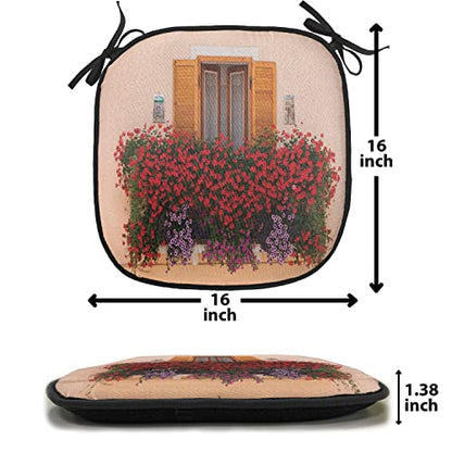 Lunarable Shutters Chair Cushion Pad, Photo of Window with Fresh Flowers Mediterranean Summertime Traditional House, Seat Padding for Kitchen & Patio with Anti-Slip Backing, 16"x16", Red Peach Green - color: Red Peach Green, size: Pack of 1