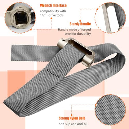 Oil Filter Strap Wrench - 1/2" Drive Filter Strap Wrench for Replace Auto Truck RV Motorcycle Oil Filter and Water Filter