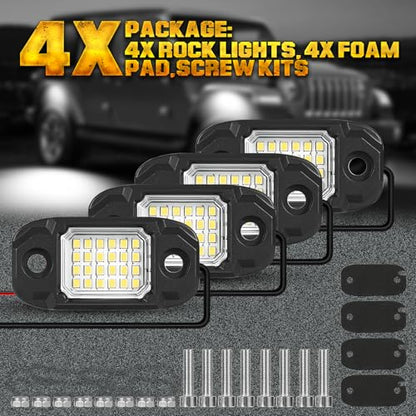 4 Pods White Rock Lights 24 LEDs Chips Waterproof Neon Trail Rig Lamp Underglow Light for Car Truck Motorcycle SUV ATV UTV (White) - color: White