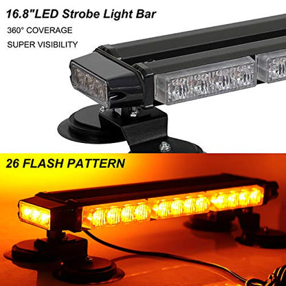 ASPL 16.8 Inch LED Strobe Flashing Light Bar, 26 Flashing Modes High Intensity Emergency Hazard Warning Beacon Lights with Magnetic Base for Car, Trucks, Snow Plow, Construction Vehicles (Amber) - color: Amber