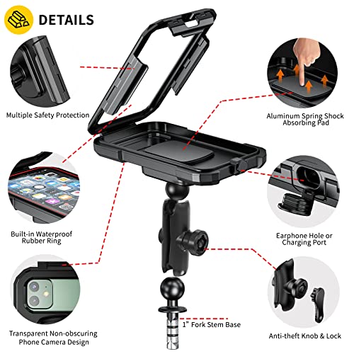 iMESTOU Waterproof Motorcycle Fork Stem Phone Mount Case 1" Ball Bike Phone Holder Anti-Theft with B Size Double Socket Arms Aluminum Ball Base for 5.5"-6.8" Cellphones (L)