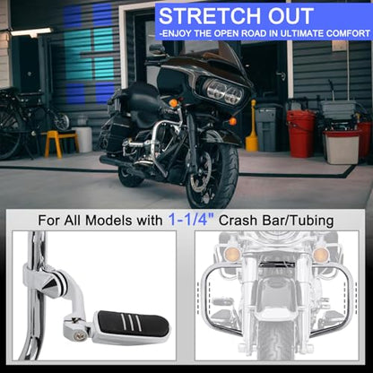 1.25" (32mm) Adjustable Highway Foot Pegs w/Long Extended Angled Mounts for Harley Davidson Touring Street Glide/Road Glide/Electra Glide/Road King Motorcycle w/1-1/4" Crash Bar,CHROME#1
