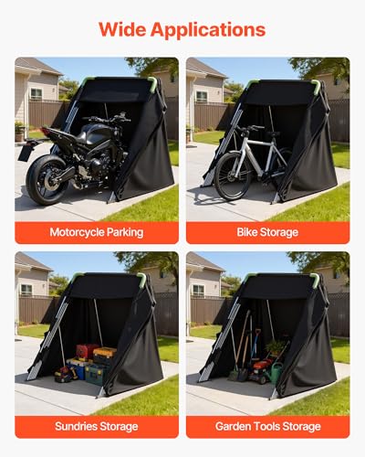 VEVOR Motorcycle Storage Shelter 136 x 54 x 75 in with Security Lock, 600D Oxford Flip-Up Garage Tent, Heavy-Duty All-Weather Motorcycle Cover Shed with 2 Side Windows, Outdoor Vehicle Shelter, Black - size: 136 x 54 x 75 inch