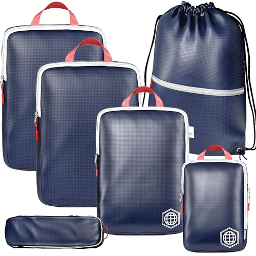Extra Large Compression Packing Cube 6 Piece Set for Travel and Check Luggage by TRIPPED Travel Gear - color: Navy Blue