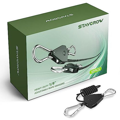 12-Pack 1/8” Adjustable Rope Hanger, Heavy Duty Ratchet Tie Down Strap with Reinforced Metal Gear, Ratcheting Pulley System Bungee Cord for Hanging Plants Grow Light and Various Tie-Down Uses - size: 12-Pack 1/8"
