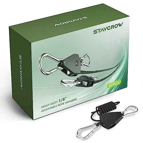 12-Pack 1/8” Adjustable Rope Hanger, Heavy Duty Ratchet Tie Down Strap with Reinforced Metal Gear, Ratcheting Pulley System Bungee Cord for Hanging Plants Grow Light and Various Tie-Down Uses - size: 12-Pack 1/8"