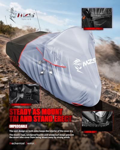 MZS Motorcycle Cover Waterproof Outdoor, Heavy Duty All Season Weather Sun Protection with Storage Bag Vents Night Reflective Cotton Lining Lock Holes fits up to 104" Motorcycles Vehicle Covers - size: XX-Large 104 inches