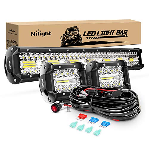 Nilight 20Inch 420W Triple Row Spot Flood Combo Led Light Bar Work Driving Lamp 2Pcs 4Inch 60W Cube LED Pods Lights for Trucks with Off-Road Wiring Harness Kit-3 Leads - color: White - 20Inch Light Bar + 2Pcs 4Inch Pods + Wiring Harness