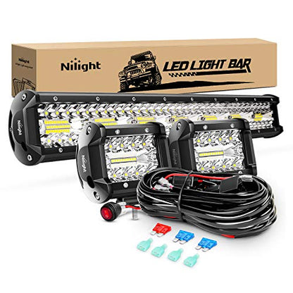 Nilight 20Inch 420W Triple Row Spot Flood Combo Led Light Bar Work Driving Lamp 2Pcs 4Inch 60W Cube LED Pods Lights for Trucks with Off-Road Wiring Harness Kit-3 Leads - color: White - 20Inch Light Bar + 2Pcs 4Inch Pods + Wiring Harness