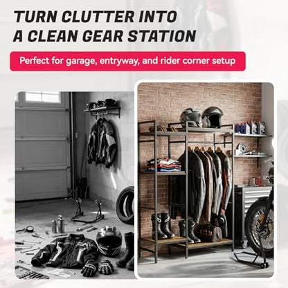 TONGMO Motorcycle Gear Rack, Heavy Duty Helmet Stand, Large Motorcycle Gear Storage Rack for Helmet, Jacket, Boots & Riding Accessories