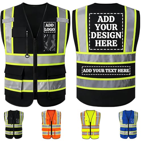 Custom Hi-Vis Reflective Safety Vest Personalized Outdoor Work Vest Add Logo Text Protective Workwear for Men - color: Black, size: Large