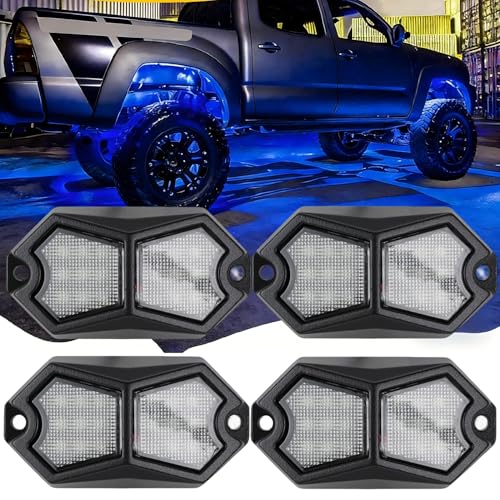 4 Pods Blue LED Rock Lights,18 LEDs Aluminum Housing IP68 Waterproof Neon Underglow Trail Rig Lamp for Truck,SUV, ATV, UTV, Motorcycle & Off-Road Vehicles - color: Blue
