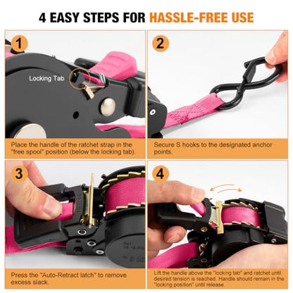 Retractable Ratchet Straps (4-Pack) - 1 Inch x 10 Feet (1,764lb Break Strength) - Heavy Duty Auto Self Retracting Tie Down Straps for Truck, Cargo Trailer, Motorcycle, ATV, UTV – Pink - color: Pink