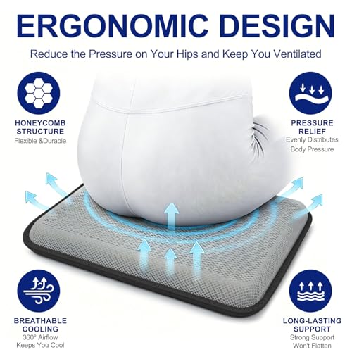 Gel Seat Cushion, Cooling Honeycomb Breathable Seat Pad Grey | Portable, Storage, Pressure Relief Support, Breathable Quick-Dry Mesh, Office、Car、Wheelchair Use, 16.5x13In Washable, Grey - color: Grey