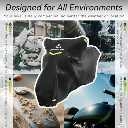 Motorcycle Cover 300D Waterproof Outdoor Night Reflective Breathable Vents All Season Rain Sun Dust Protection Universal Fit Powersports Vehicle Cover with Lock-Holes Fits up to 104" - size: 104"