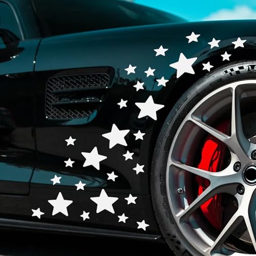 30pcs Star Vinyl Decal for Cars, High Intensity Reflective DIY Stickers for Window Bumper Mirror Laptop Decals Waterproof Night Safety Sign Car Stickers (White) - color: White