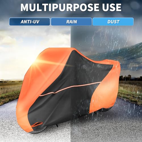 X AUTOHAUX 245cm/96" Motorcycle Cover Waterproof for Harley-Davidson Street Glide/Fat Boy 114 Heavy Fabric Outdoor Sun UV Rain Dust All Weather Protection Motorbike Cover Orange - size: 245*105*125cm/96*41*49inch